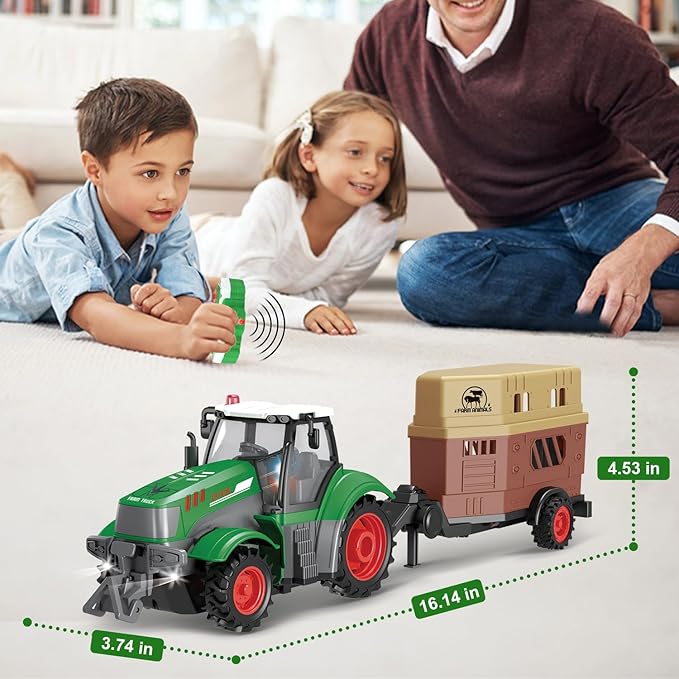 fisca Remote Control Tactor Toy Set & 33PSC Farm Vehicle Playset - Animal Figurines ,2.4GHz 1/24 Scale RC Tractor,Livestock Trailer, Fence with Light for Kids Age 4, 5, 6, 7 and Up Years Old-PurrikoPets