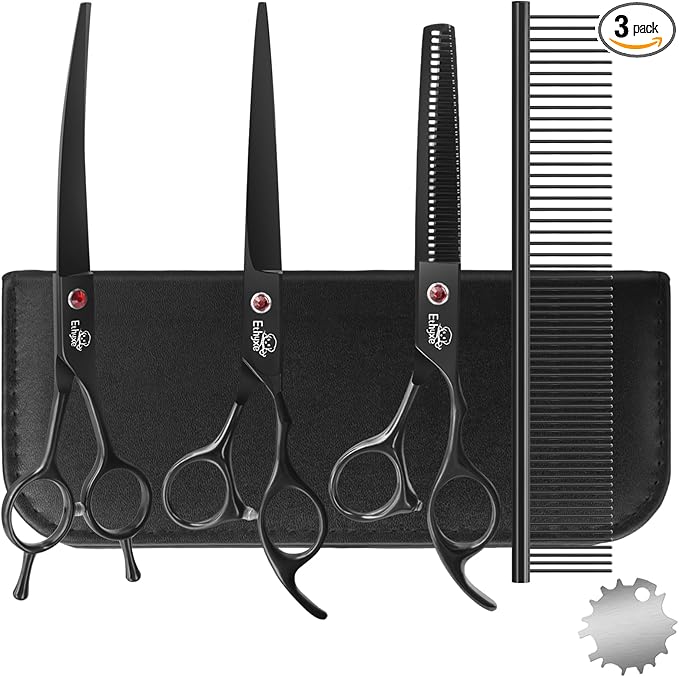 7.0" Professional Dog Grooming Scissors Kit – 3-Piece Set with Straight, Curved & Thinning Shears, Black Japanese Stainless Steel, Includes Grooming Comb for Dogs & Cats-PurrikoPets