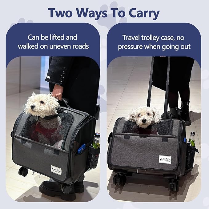 Dog Travel Bag with Removable Rolling Wheels, Airline Approved Pet Carrier, Foldable Cat Bag with Breathable Mesh, Pet Stroller(Grey)-PurrikoPets