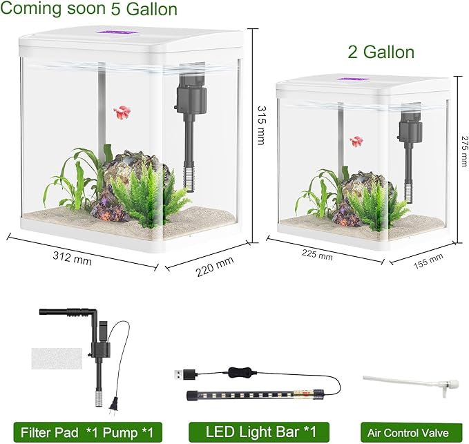 2 Gallon Betta Fish Tank Starter Kit, Self-Cleaning Aquarium with Built-in Filter and LED Light-PurrikoPets