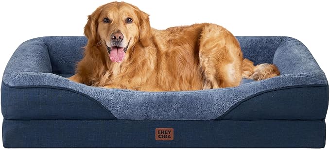 EHEYCIGA Memory Foam Dog Bed for Large Sized, Orthopedic Dog Sofa with Sides and Waterproof Liner, Washable Bolster Pet Couch with Removable Cover, 41x27x7.5 Inch, Navy-PurrikoPets