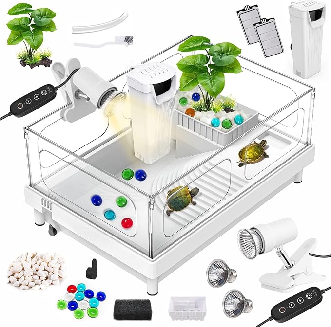 GOZILLA Small Turtle Tank Kit(Tank+Lamp+Filter), Acrylic Turtle Starter Kit with Adjustable Lamp, Reptile Habitat and Terrarium with Multi-Functional Areas for Small Reptiles. (White Kit)-PurrikoPets
