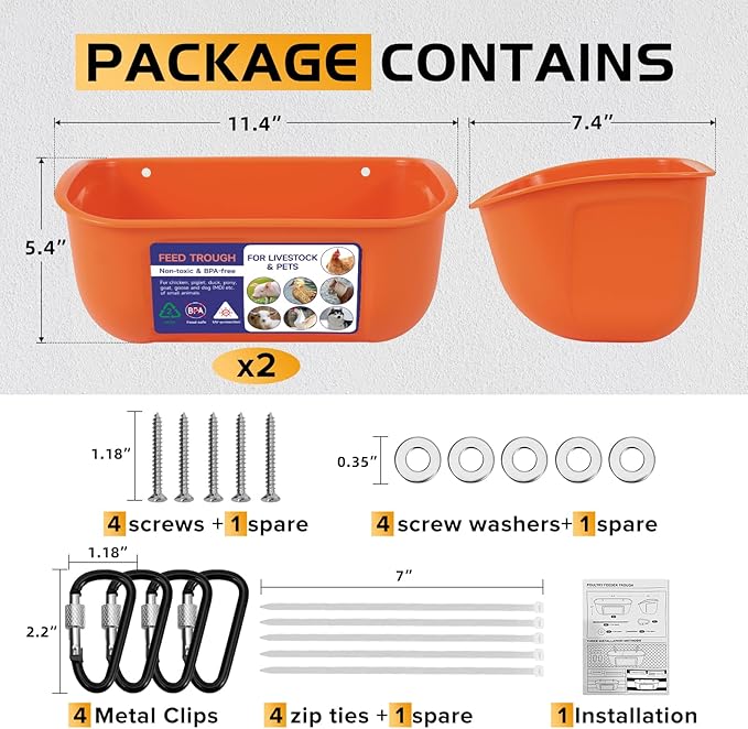 Goovilla Chicken Feeder Waterer, Hanging or Screw-in Fence Feeder with Clips, 2 Pack 5 Quart Goat Feeder Supplies, Duck Piglet Sheeple Coop Dog Livestock Poultry Plastic Feeder Trough Bucket, Orange-PurrikoPets