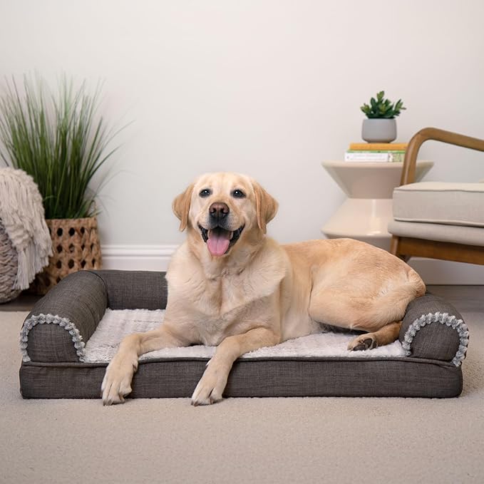 Furhaven Orthopedic Dog Bed for Large/Medium Dogs w/ Removable Bolsters & Washable Cover, For Dogs Up to 55 lbs - Luxe Faux Fur & Performance Linen Sofa - Charcoal, Large-PurrikoPets