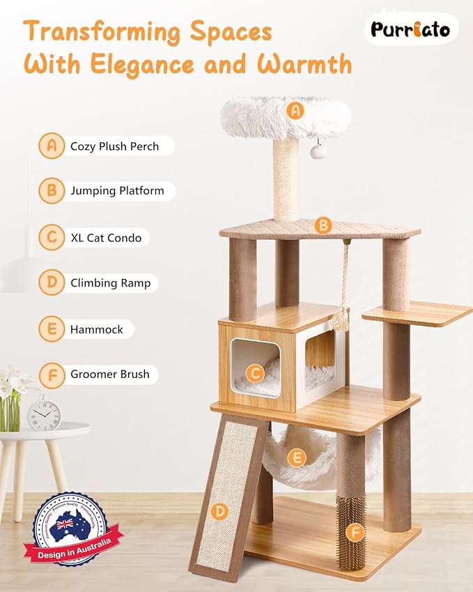 61" Wooden Cat Tree Tower for Indoor Cats, Luxury Modern Wooden Tower with XL Plush Lounge, Hammock & Scratching Posts for Maine Coon 20 lbs-PurrikoPets