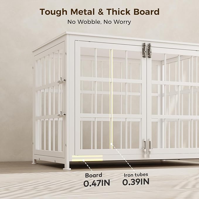 32 Inch Heavy Duty Wooden Dog Kennel End Table with Double Door Design and Secure Locks, Indoor Pet Crate Furniture for Medium Dogs, Decorative Home Cage Design,White-PurrikoPets
