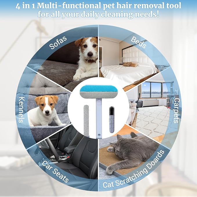 4 in 1 Multifunctional Reusable Pet Hair Remover Brush,Dog & Cat Hair Remover Tool for Couch,Bedding & Carpet,Washable Fur Remover with Dual-Sided Cleaning Brush-PurrikoPets