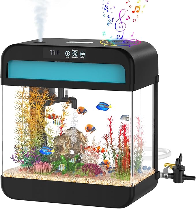 Fish Tank 2.2 Gallon Fish Aquarium with Music Humidifier 7 Color Auto-Looping Light Adjustable Water Pump with Filtration & Aeration & Circulation, Temperature Display, Bottom Water Changer-PurrikoPets