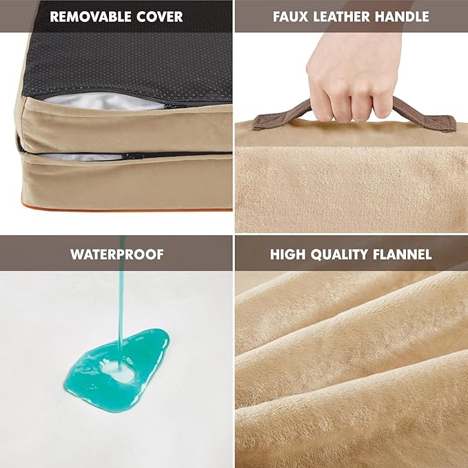 Friends Forever Orthopedic Dog Bed for Large Dogs, Waterproof Memory Foam Dog Sofa Bed L with Removable Washable Cover, Ally Khaki, 35x25x6.5-PurrikoPets