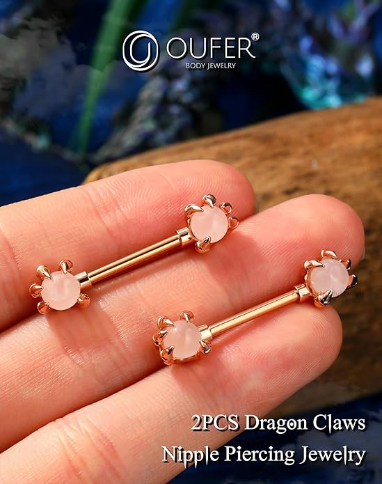 OUFER 14G Nipple Rings - 316L Surgical Steel Piercing Jewelry, 2PCS Pink Opals Surrounded by Dragon Claws Barbell