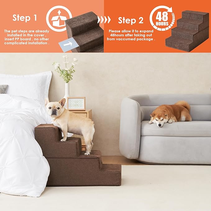 EHEYCIGA Dog Stairs for Bed 20" H, 4-Step Extra Wide Dog Steps for High Bed, Pet Steps for Small Dogs and Cats, Non-Slip Balanced Pet Ramp Indoor, Brown-PurrikoPets