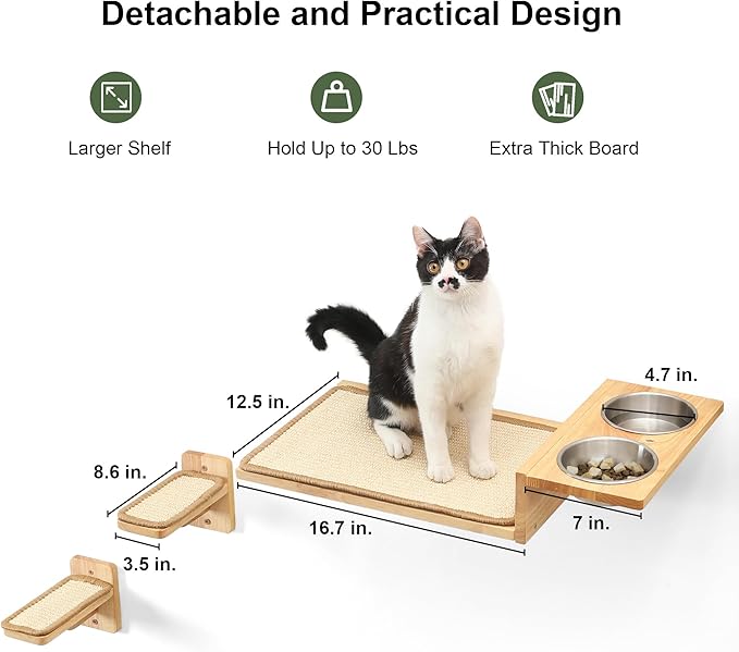 FUKUMARU Cat Wall Shelves, 3 In 1 Cats Walls Furniture Set, Food Station with 2 Steps , Solid Rubber Wood Perch, Suitable for Kitten Play, Nap, Eat, DIY Wall Jungle Gym-PurrikoPets