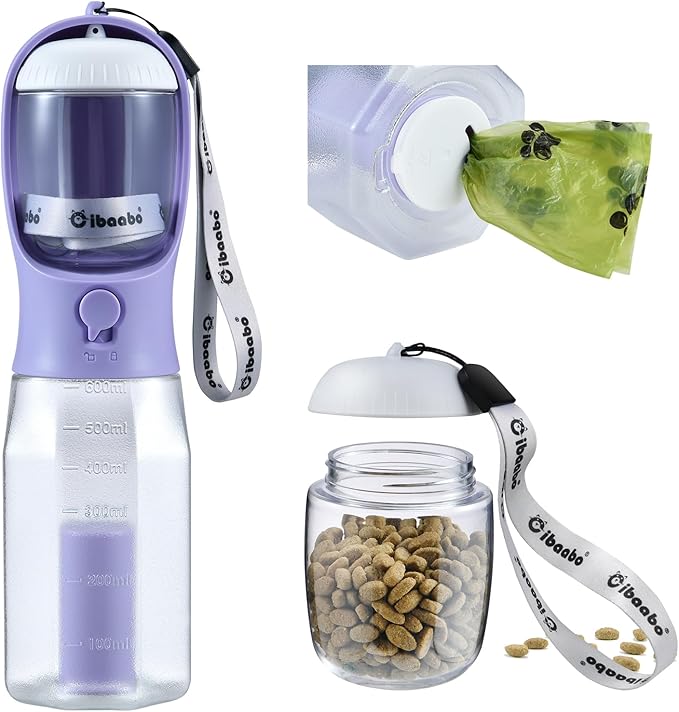 Dog Water Bottle with Food Container & Poop Bag Holder, Travel Water Bowl, Portable Pet Dispenser, Dog Stuff Accessories Items, Puppy Essentials Necessities for Yorkie Chihuahua Walking Hiking-PurrikoPets