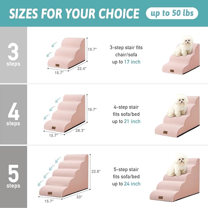 Dog Stairs for Small Dogs 15.7" H, Curved Dog Step for Puppy, Older Cat, Medium Pet Ramp for Sofa, Couch or Bed, Ladder with High Density Foam, 15.7x22.4x15.7 inch, 3 Step, Pink-PurrikoPets