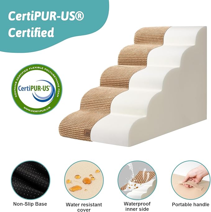 Dog Stairs for High Bed 22.6" H, Small Dog Step for Puppy, Older or Cat, Curved Ramp for Car, Ladder with High Density Foam, Lightweight, Durable, 15.7x33x22.6 inch, 5 Step, Light Brown-PurrikoPets