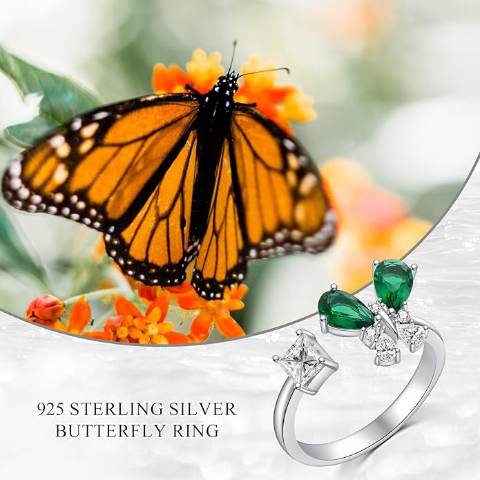 925 Sterling Silver Drangonfly/Butterfly Open Finger Rings Adjustable Dainty Gemstone Sapphire Emerald Green Ring for Women Round/Pear/Princess Engagement Promise Ring