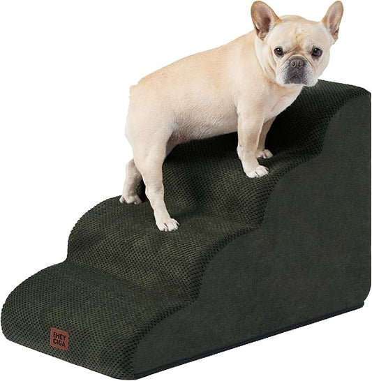 EHEYCIGA Curved Dog Stairs Ramp for High Beds 19.7" H, 4-Step Dog Steps for Small Dogs and Cats, Pet Stairs for High Bed Climbing, Non-Slip Balanced Pet Step Indoor, Olive Green-PurrikoPets