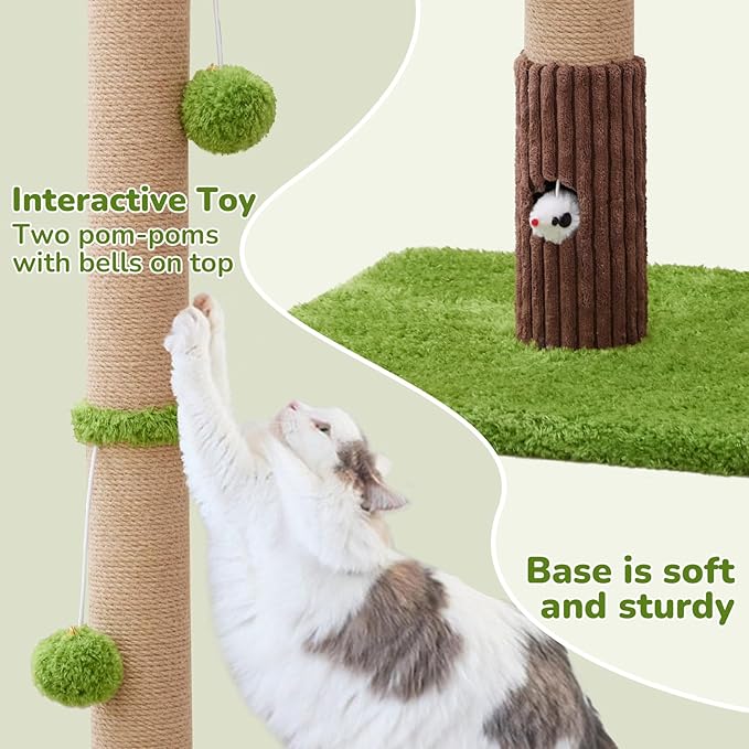 33" Tall Cat Scratching Post for Indoor Cats, Premium Sisal Scratch Posts with Cat Toys and Fun Mouse Holer for Cats at All Ages, Scratcher Tree with Reinforced Stable Base (Green)-PurrikoPets