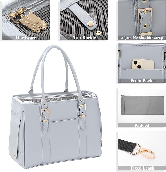 Fashion Pet Carrier Dog Purse Cat Bag Soft-Sided Carriers Travel Airline Approved, Stylish Leather Tote Handbag for Small Animal Puppy Kitten (Grey)-PurrikoPets