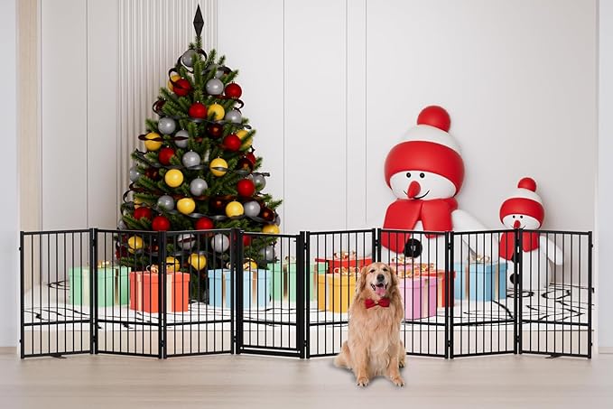 Full Metal Freestanding Dog Gate with Door, 32''Height Foldable Pet Dog Fence for Indoor & Outdoor, 8 Panels Extra Wide Free Standing TallDog Gates for Doorways,House,Stairs,Porch,Deck,Yard-PurrikoPets