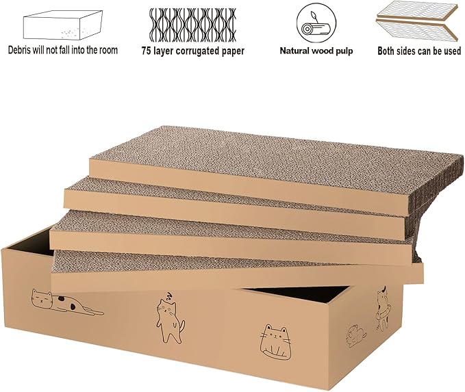 4 Packs in 1 Cat Scratch Pad with Box, Cat Scratcher Cardboard,Reversible,Durable Recyclable Cardboard, Suitable for Cats to Rest, Grind Claws and Play with Scratch Box-PurrikoPets