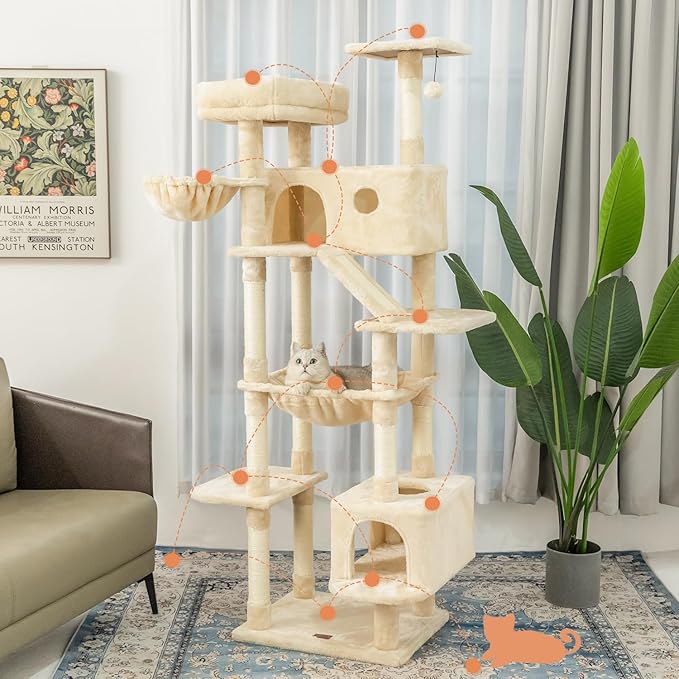 73 inches Large Cat Tree for Indoor Cats, Tall Cat Tower with Sisal Scratching Posts and Pads, Padded Plush Perch, Cozy Basket, Plush Condo for Large Cats (Beige)-PurrikoPets