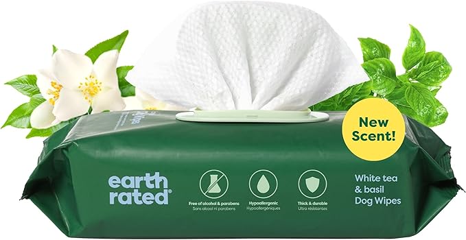 Earth Rated Pet Wipes for Dogs and Cats, Hypoallergenic, 3-in-1 Cleaning, Deodorizing and Hydrating, for Grooming Paws, Body and Butt, New White Tea and Basil Scent, 100 Count-PurrikoPets