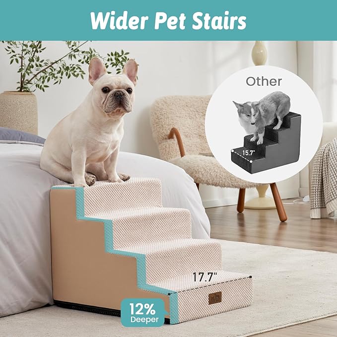 Dog Stairs for Small Dogs, 4 Tier Wider Pet Stairs for Couch and Beds, 17.7" H Non-Slip Dog Steps for Old Cats, Puppy, Small Medium Dogs, 17.7x23.6x17.7 inch, Beige-PurrikoPets