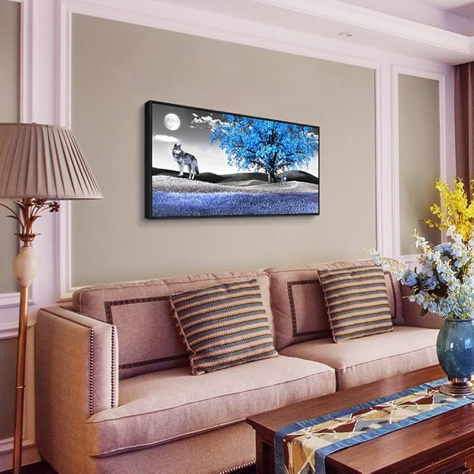 Framed Canvas Wall Art For Living Room Family Wall Decorations For Bedroom Modern Office Wall Decor Paintings Blue Tree Landscape Pictures Artwork Canvas Art Prints Home Decor Black Frame 20" X 40"-PurrikoPets