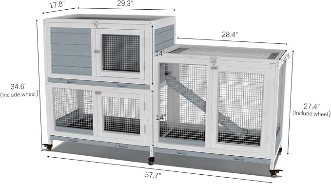 GDLF Two Floors 58" Wooden Indoor Bunny Hutch Rabbit Cage on Wheels Guinea Pig PET House for Small to Medium Animals Waterproof No Leak Tray-PurrikoPets