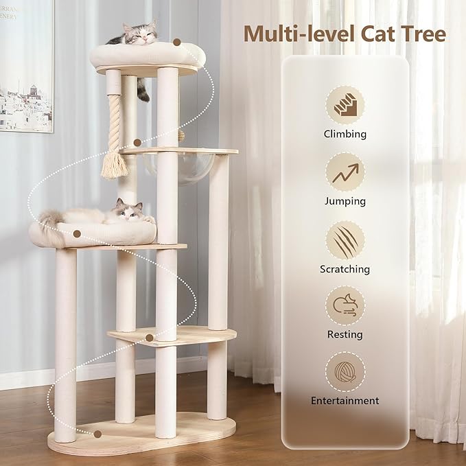 59" Modern Cat Tree Multi-Level Large Cat Tower Heavy Duty Cat Tree with Hammock,Cotton Scratching Post and Washable Cushions-PurrikoPets