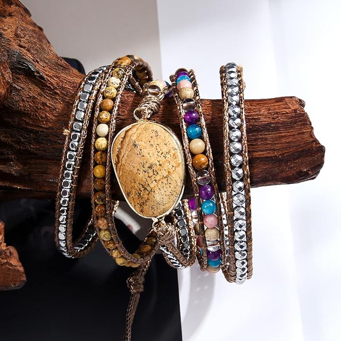 ZOSOJONA Women Wrap Bracelet Boho Natural Jasper Crystal Stone Beads Strand Bracelets