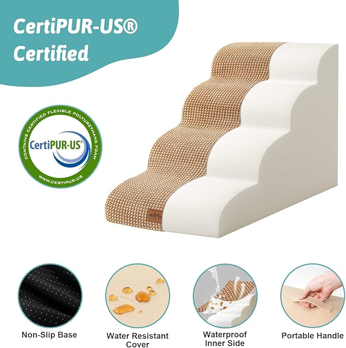 Dog Stairs for Small Dogs 19.7" H, Curved Dog Step for Puppy, Older or Cat, Medium Pet Ramp for Sofa, Couch or Bed, Ladder with High Density Foam, 15.7x28.3x19.7 inch, 4 Step, Light Brown-PurrikoPets