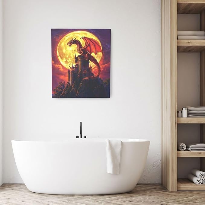 Dragon Bathroom Pictures Wall Art, Red Dragon Castle Bathroom Wall Decor, Framed Painting Canvas Artwork for Bedroom Living Room Decorations 24"L x 20"W-PurrikoPets