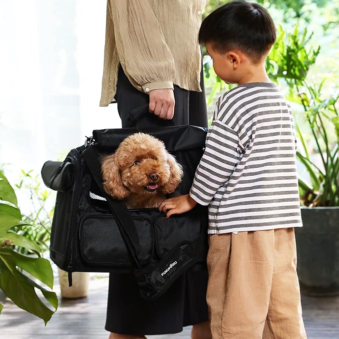 FUKUMARU Cat Carrier, 4 Mesh Windows Small Dog Carrier, 4 Storage Pockets Cat Travel Bag, Under 15 lb Airline Approved Pet Carrier, Rollable Cover for Nervous Cats, Black-PurrikoPets
