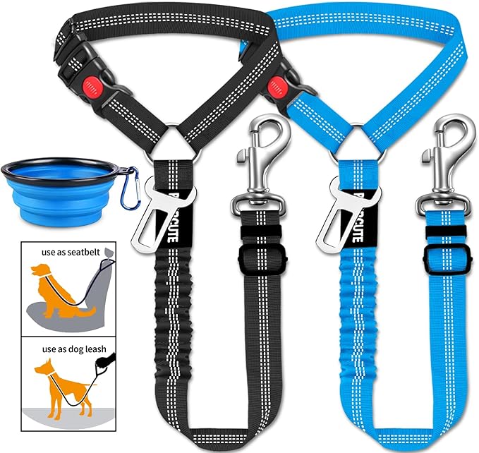 3 Piece Set Dog Seat Belt Retractable Dog Car Seatbelts Adjustable Pet Seat Belt for Vehicle Headrest Restraint Adjustable Heavy Duty & Elastic & Durable Car Harness for Dogs 06-Black+Blue-PurrikoPets