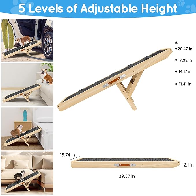 Dog Ramp for Couch, Bed, Wooden Long Pet Stairs for Small & Large Old Dogs & Cats, Hold up to 100lb, Adjustable Height from 11.41" to 20.47", Portable Doggie Steps (39.37" Long)-PurrikoPets