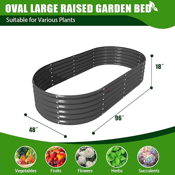 A ANLEOLIFE 8X4X1.5 ft Galvanized Raised Garden Beds Outdoor, Oval Large Metal Planter Box for Planting Vegetables Flowers Herb, Anti-Rust & Easy-Setup, Quartz Grey-PurrikoPets