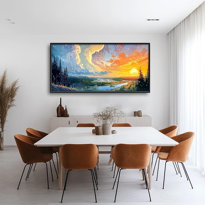 Framed Large Sunrise Wall Art for Living Room, Oversized Sunrise Wall Decor Forest Lake Landscape Canvas Print Natural Picture Home Decoration for Bedroom Living Room Office 60"x30"-PurrikoPets