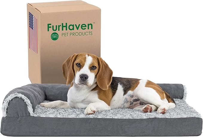 Furhaven Cooling Gel Dog Bed for Medium/Small Dogs w/ Removable Bolsters & Washable Cover, For Dogs Up to 35 lbs - Two-Tone Plush Faux Fur & Suede L Shaped Chaise - Stone Gray, Medium-PurrikoPets