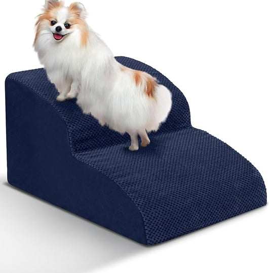 Dog Stairs for Small Dogs - High Density Foam Pet Steps, Extra Wide Dog Ramp with Non-Slip Bottom for High Beds, Couch and Sofa, Best for Dogs Injured, Older Doggy Cats,2 Steps, Navy-PurrikoPets
