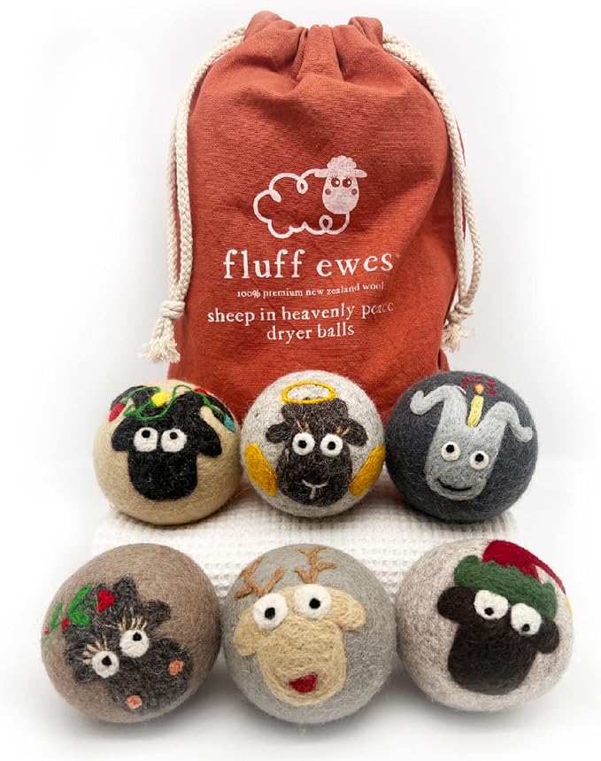 Fluff Ewes Wool Dryer Balls 6 Pack Premium New Zealand Wool Laundry Balls for Dryer, No Static Dryer Balls Laundry Reusable, XL Christmas Dryer Balls, Holiday Dryer Balls - Sheep in Heavenly Peace-PurrikoPets