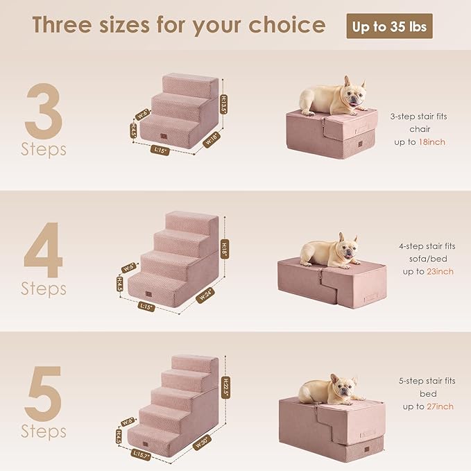 EHEYCIGA Dog Stairs for High Bed 22.5" H, 5-Step Dog Steps for Bed, Pet Steps for Small Dogs and Cats, Non-Slip Balanced Pet Ramp Indoor, Pink-PurrikoPets