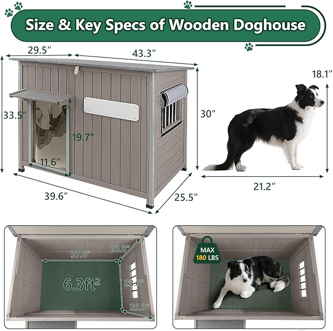 43.3" L Large Outdoor Dog House Weatherproof Doghouse for Medium to Large Dogs with Anti Bite Frames Wooden Dog Kennel with Window,8 Elevated Feet,Reinforced Bottom for Pet Up to 180 LBS-PurrikoPets