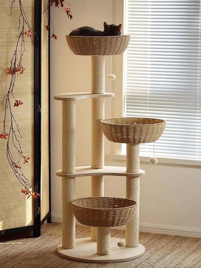 54" Large Modern Cat Trees, Luxury Rattan Oak Solid Wood Cat Trees Towers，3 Weaving Cat Nests & Washable Cool Cushions, Sisal Scratching Posts,Cat Condo for Indoor Cats- Wood Wax Oil Version-PurrikoPets