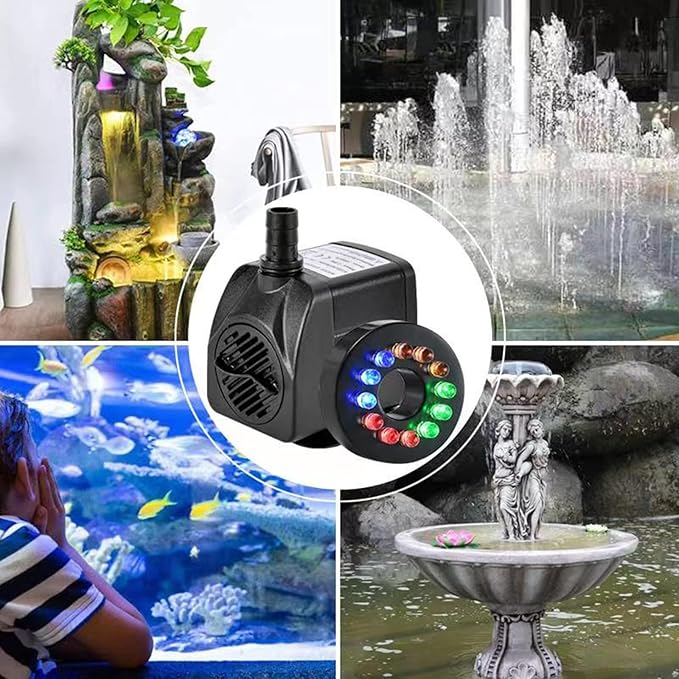 15W 1000L/H Submersible Fountain Water Pump with 12 Colorful LED Lights, Mushroom and Blossom Spray Head for Fountain,Pond,Outdoor Water Feature, Statuary Gardens,Aquarium Fish Tank-PurrikoPets