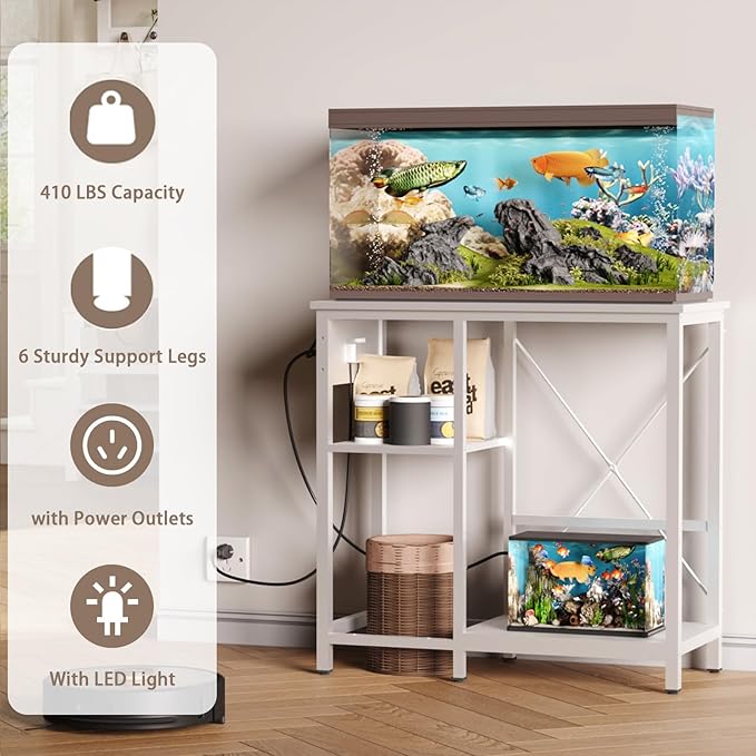 20-29 Gallon Fish Tank Stand with Power Outlet & LED Light, Metal Aquarium Stand with 3 Tier Adjustable Storage Shelves, Tank Stand for Reptile Tank, Turtle Tank, 30.7" L*13.8" W, White-PurrikoPets