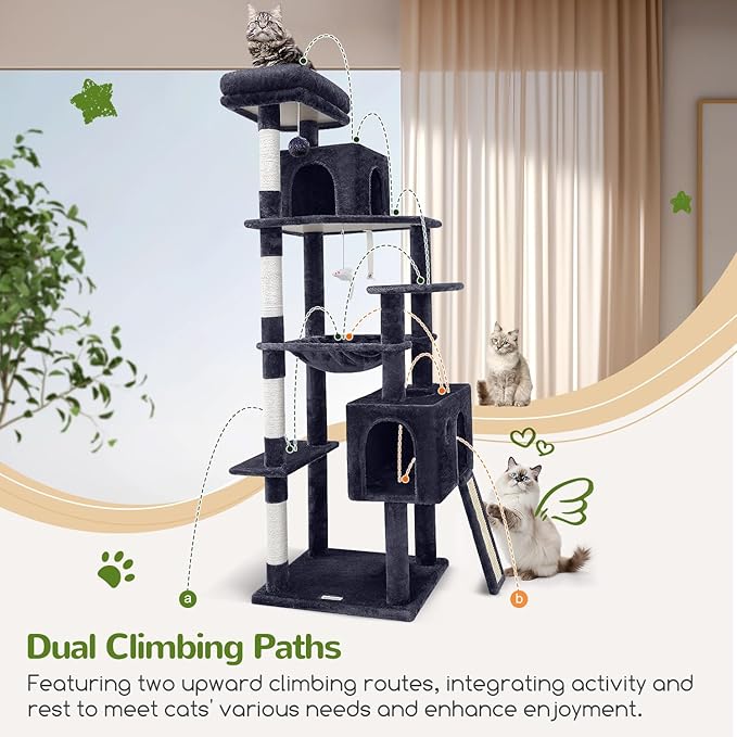 Globlazer Heavy Duty Cat Tree, 70 inch Sturdy Cat Tree for Indoor Cats Extra Large Cat Tower with Scratching Post, Hammock, Cat Condo for Adult Cats Kittens, F70 Pro, Dark Grey-PurrikoPets