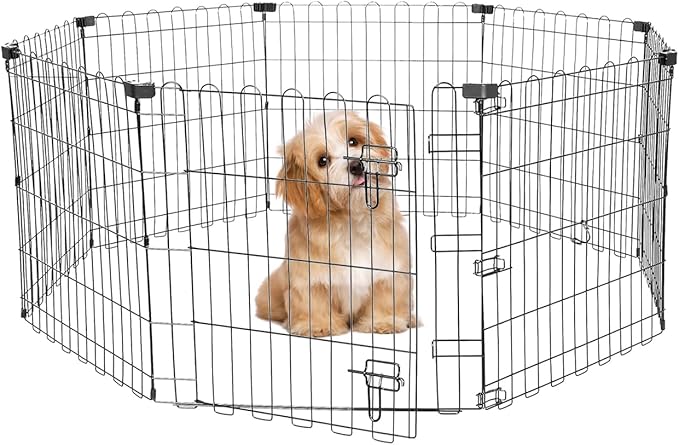 Foldable Dog Playpen 24" Height 8 Panels Metal Exercise Pen with Door - Indoor/Outdoor Puppy Playpen for Small Dogs, Portable Pet Fence for Yard Garden Camping, Black-PurrikoPets