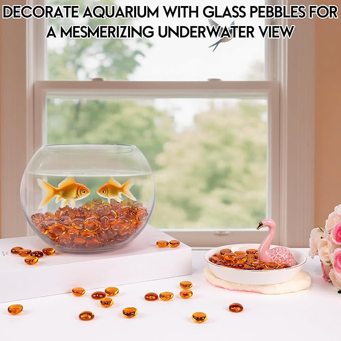 1LB Glass Marbles, Transparent and Smooth Flat Glass Beads for Vases, Mosaic Gem Pebbles for Aquarium Decor, Floral Arrangements, Mancala Stones, Vase Filler and Crafts, Orange-PurrikoPets